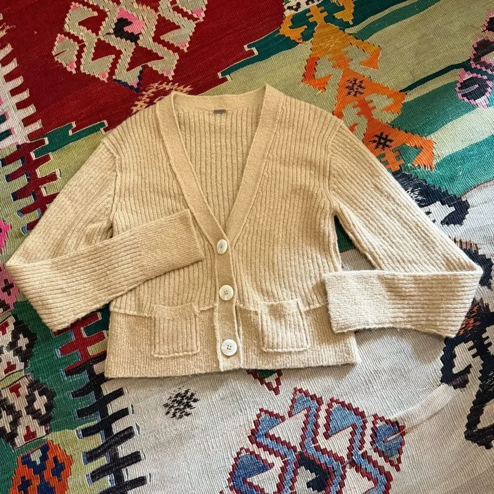 Free People Tan Ribbed MIMOSA CARDIGAN SWEATER